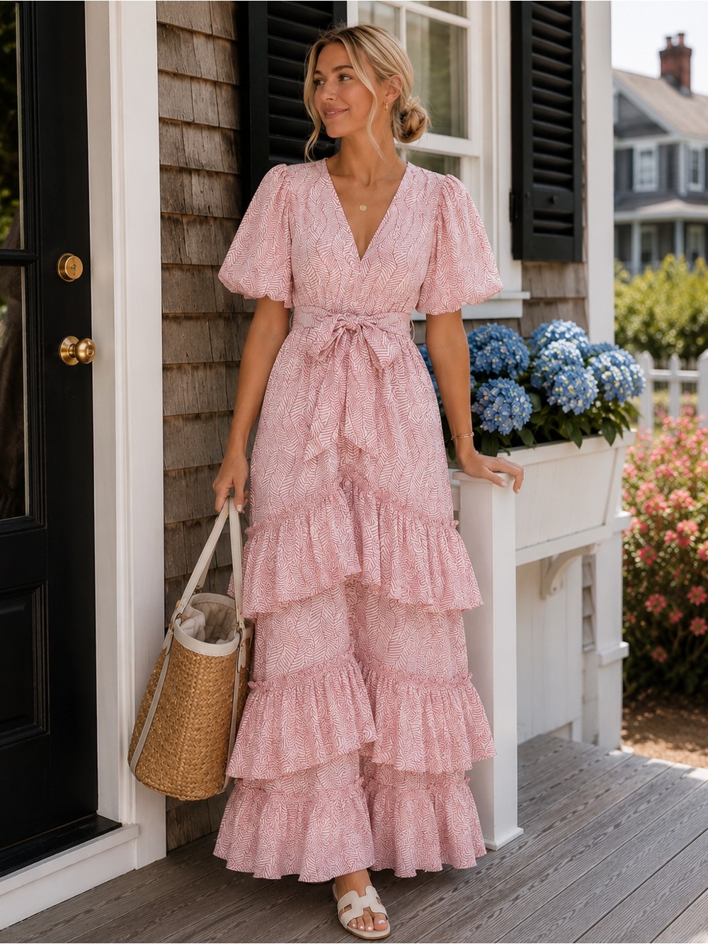 Anna Cate Makayla Pink Palm Print Tiered Maxi Dress Cotton NWT